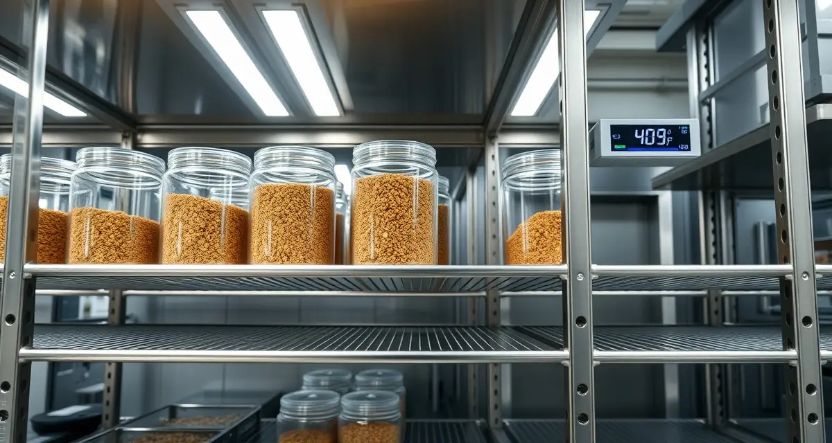 Temperature-controlled cricket flour storage for optimal cold chain management Cricket flour storage containers maintained at optimal temperature on shelving in controlled facility environment for cold chain management.