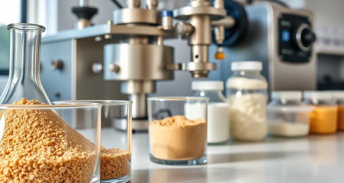 Professional cricket protein defatting equipment and flour processing Cricket flour defatting process showing cold-press mechanical extraction equipment and protein powder samples in laboratory setting.