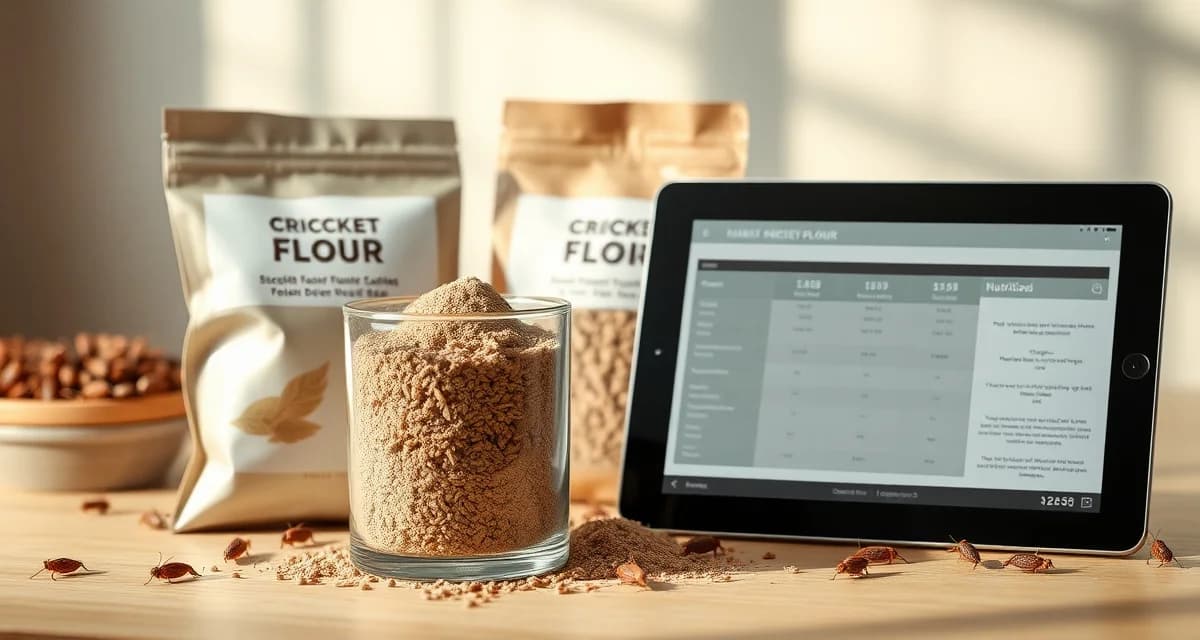 Cricket flour ecommerce selling strategy Cricket flour products with nutritional comparison chart showing protein content and e-commerce strategy visualization.