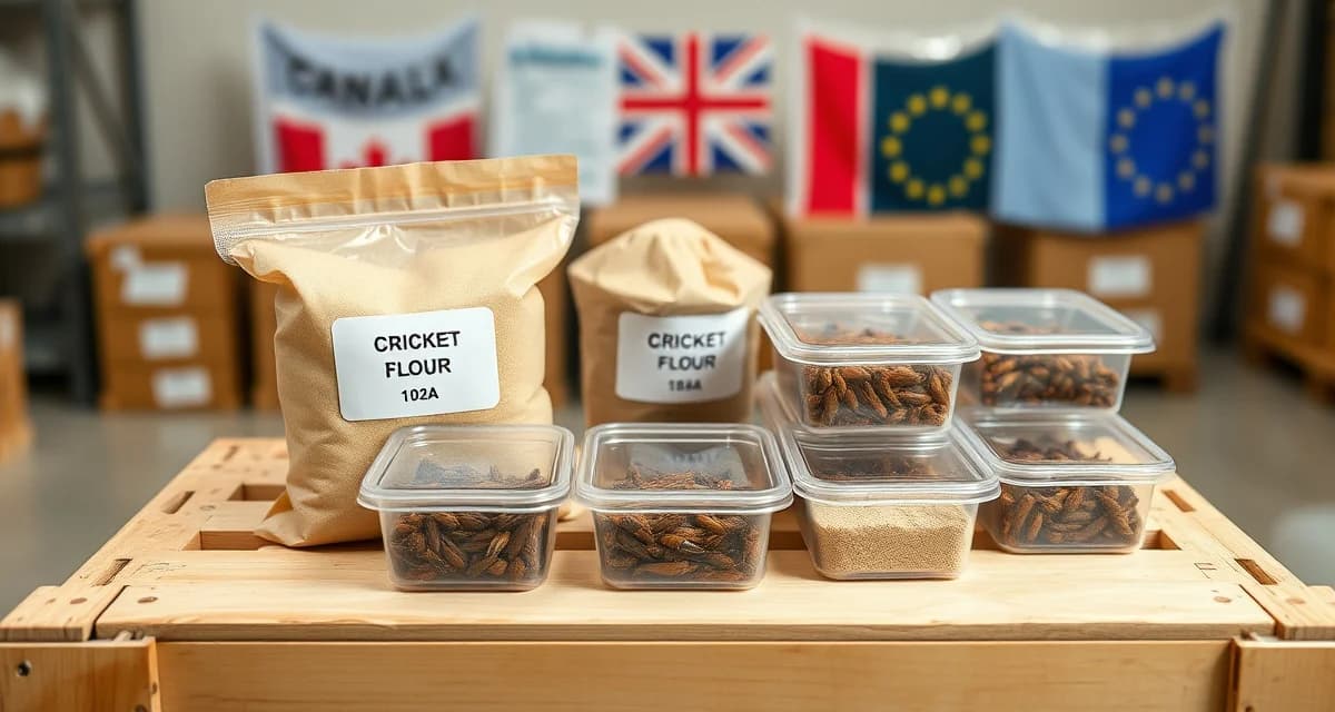 Professional cricket protein export products Cricket flour packaging and feeder crickets ready for international export to Canada, UK, and European markets