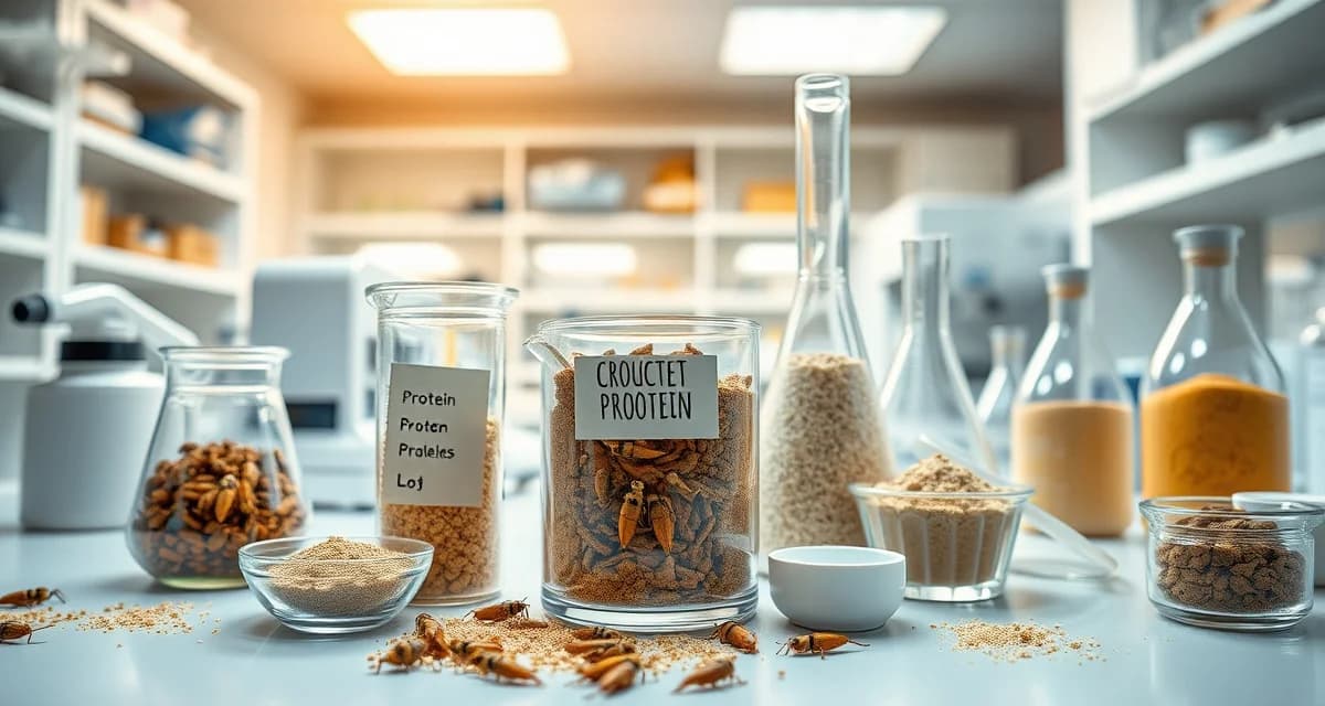 Cricket flour formulation testing in food science lab Cricket flour in laboratory containers during product formulation and development testing phase