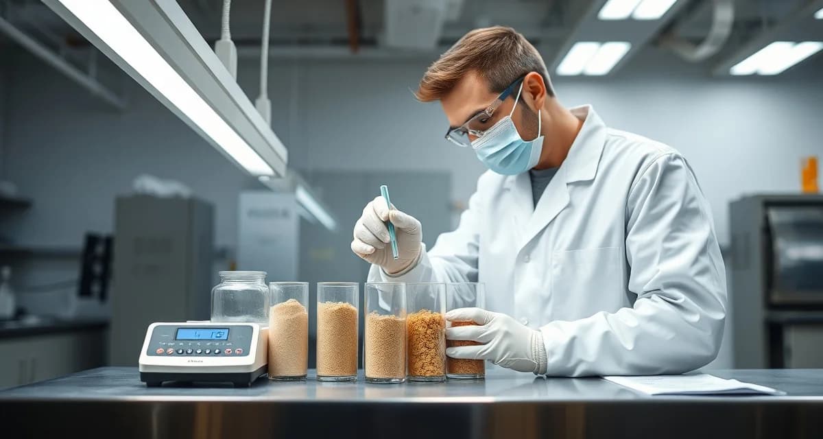 FSMA Food Safety Plan Reanalysis Documentation Food safety technician reviewing cricket flour samples during FSMA compliance reanalysis of cricket farming operation