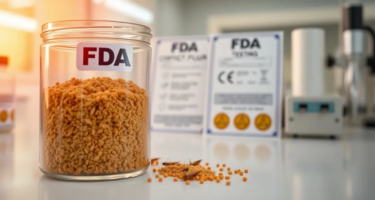 FDA-compliant gluten-free cricket flour testing and certification process Golden cricket flour in laboratory container with FDA gluten-free testing documentation and certification standards displayed