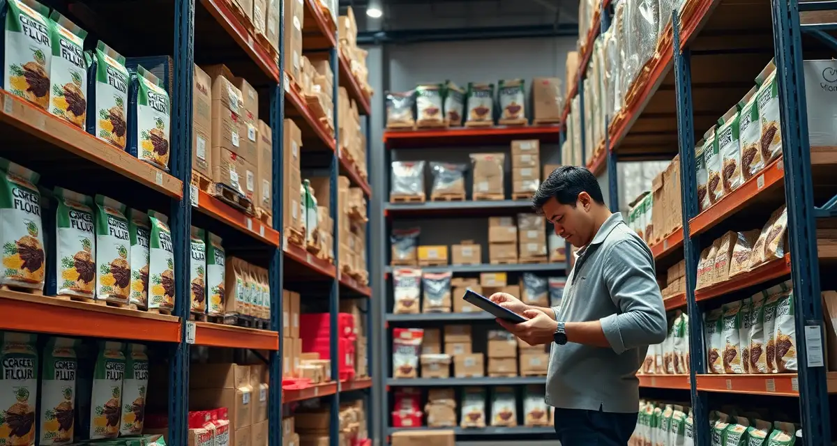 Natural foods distributor organizing cricket protein products Cricket flour products organized on shelves in a natural foods grocery distributor warehouse facility.