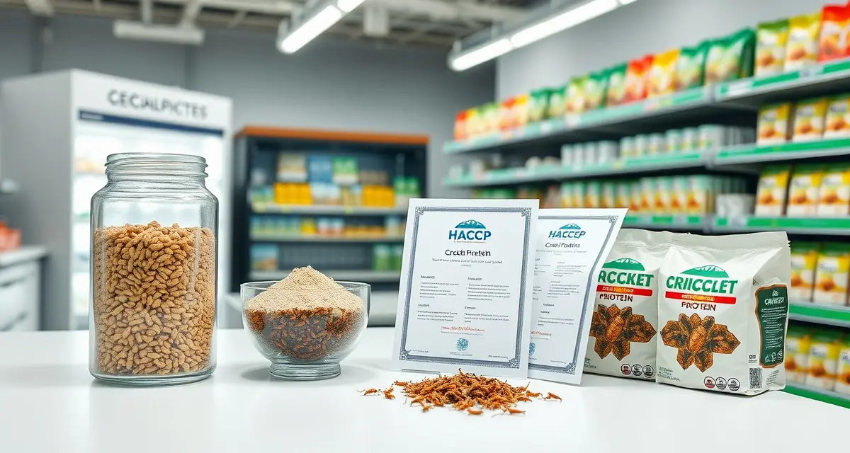 Cricket flour HACCP compliance documentation HACCP certified cricket flour containers displayed alongside food safety documentation in professional agricultural setting