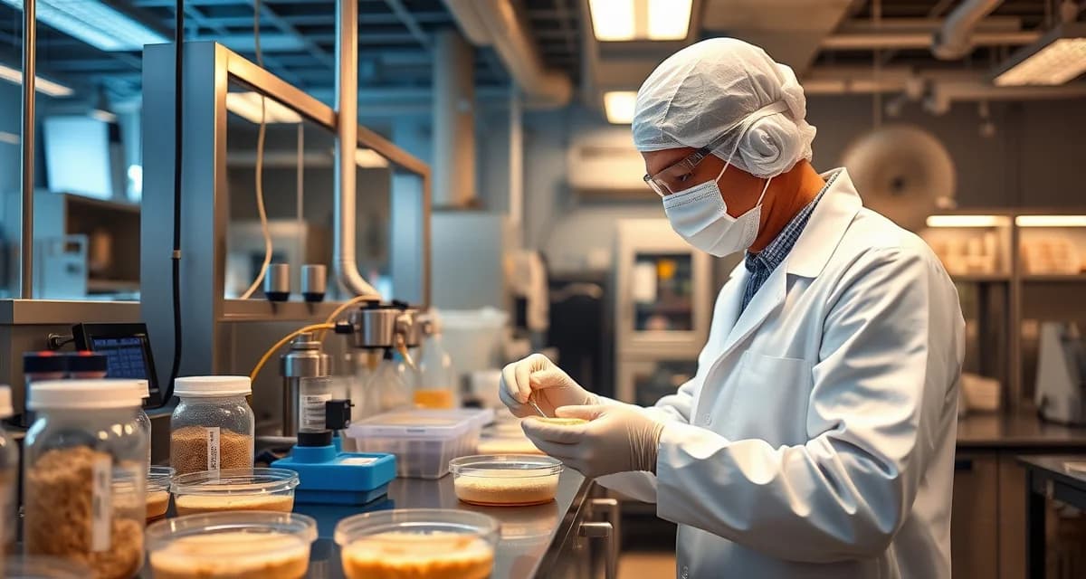 Hazard analysis testing in cricket farming operations Food safety technician performing hazard analysis on cricket flour production samples in certified laboratory setting with testing equipment.