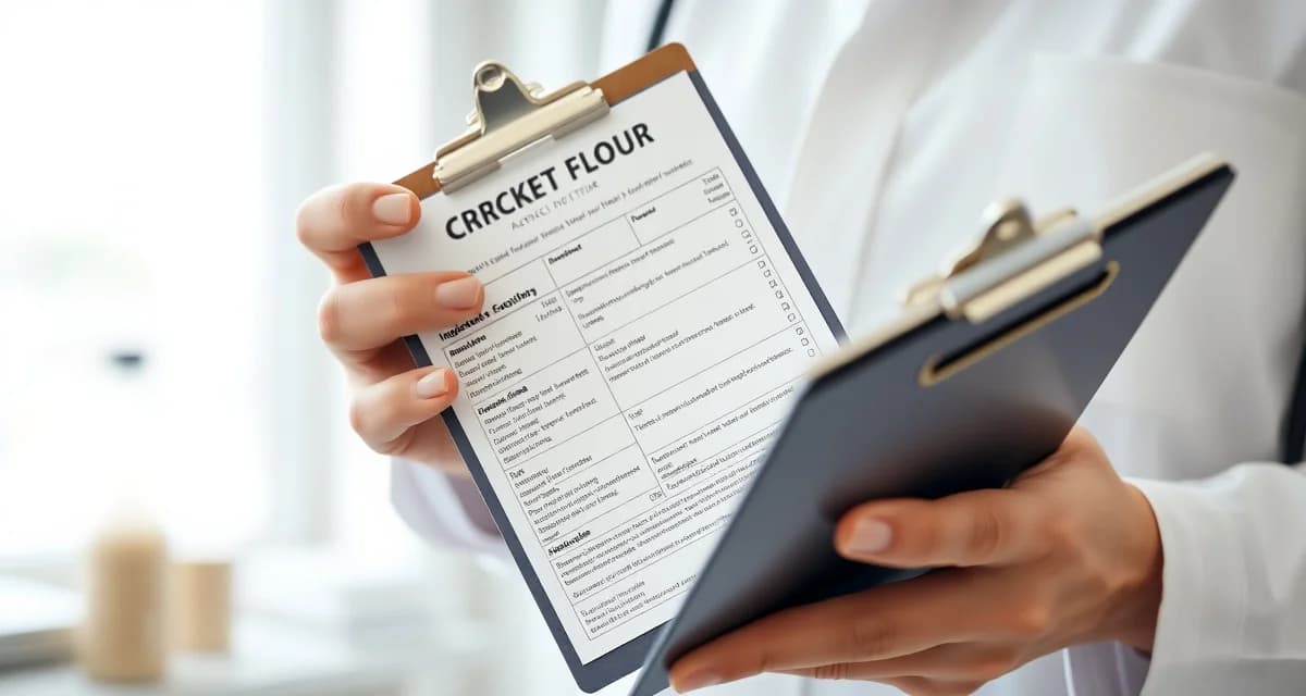 Label compliance and allergen review process Cricket flour product label undergoing allergen declaration review with compliance checklist for FDA regulatory documentation.
