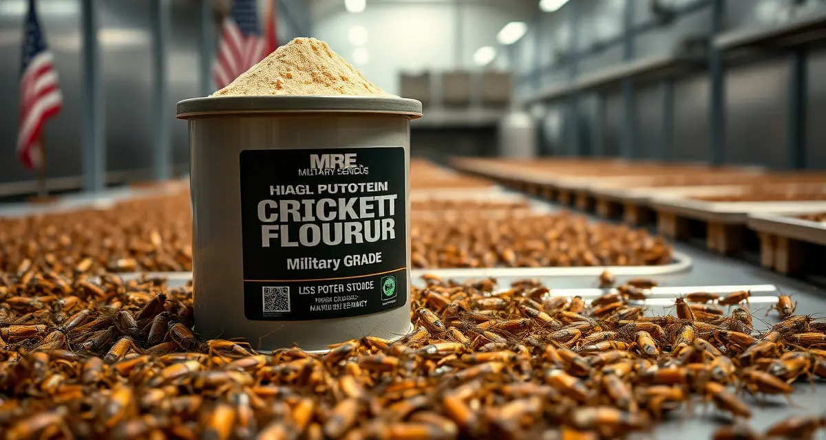 High-protein cricket flour for military field rations Cricket flour in military MRE-grade packaging for DARPA-funded insect protein field rations and soldier nutrition