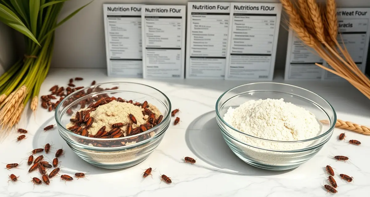 Cricket flour vs regular flour nutrition facts Nutritional comparison showing cricket flour containing 6x more protein than wheat flour in side-by-side bowls with ingredient breakdown