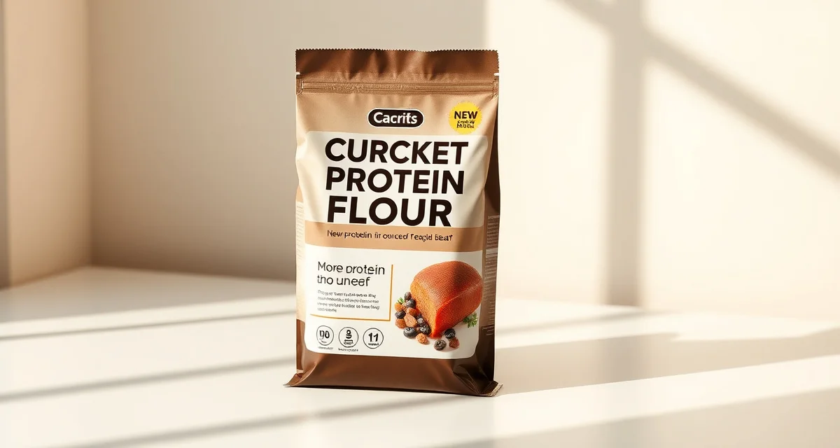 Premium cricket protein powder packaging design Cricket flour package with protein comparison graphic on front panel displaying nutritional information and insect protein content versus beef