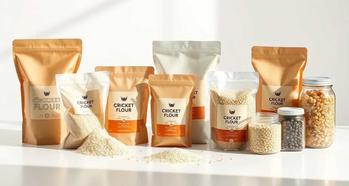 Comparison of cricket flour storage packaging solutions Cricket flour packaging options displayed including stand-up pouches, mylar bags, bulk containers, and glass jars with oxygen barrier protection specifications.