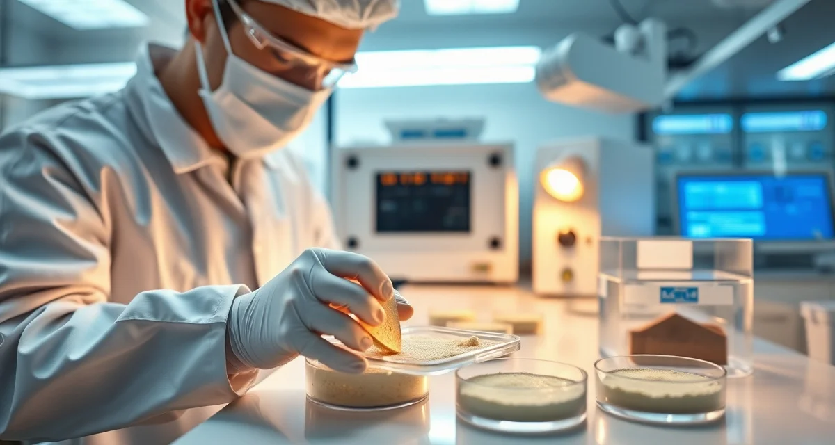 Professional pathogen testing for cricket flour production Laboratory technician performing pathogen testing on cricket flour samples in professional food safety testing facility.