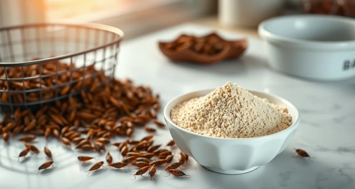 Private label cricket flour manufacturing Premium cricket flour in bowl with fresh crickets, representing private label cricket protein production for commercial buyers.