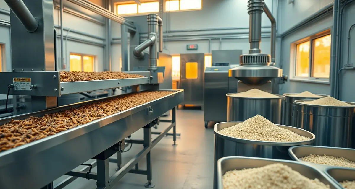 Industrial cricket flour manufacturing equipment and workflow Cricket flour production process showing sequential steps from live crickets through washing, drying, and milling stages in commercial farming operation