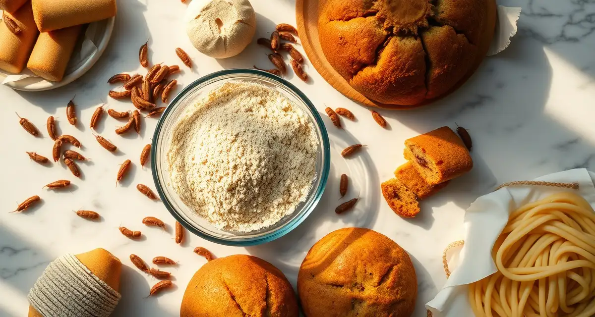Cricket flour culinary applications and recipe development Cricket flour in a bowl surrounded by various baked goods and pasta products made with insect protein flour.