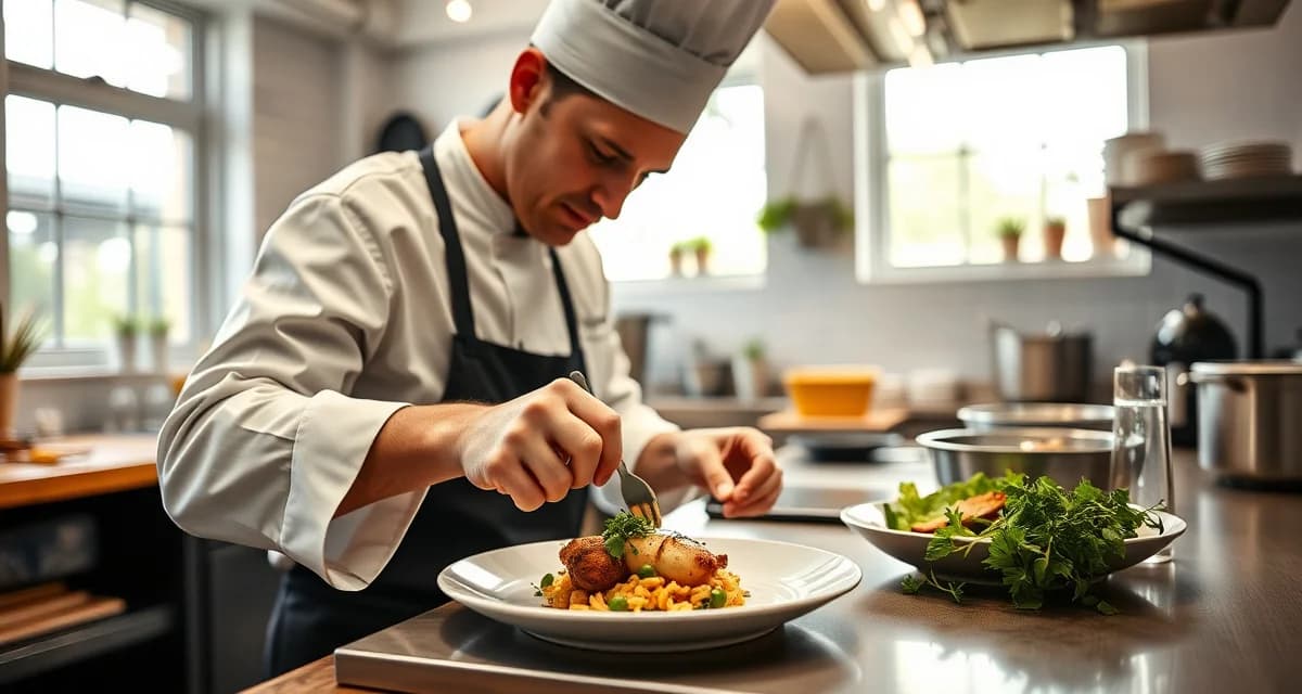 Restaurant chef using cricket flour in premium plating Chef preparing gourmet dish with cricket flour in modern restaurant kitchen for farm-to-table dining service