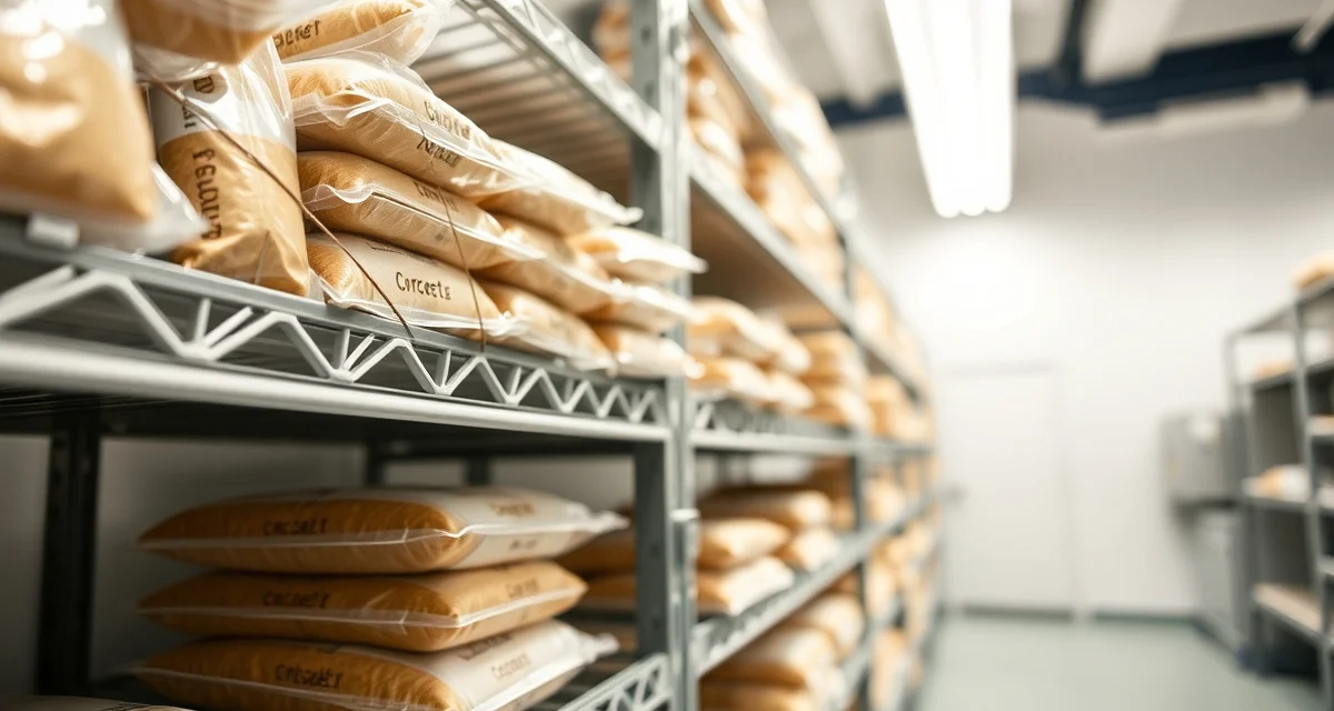 Cricket flour storage and shelf life management practices Vacuum-sealed cricket flour packages stored in temperature-controlled conditions for optimal shelf life preservation