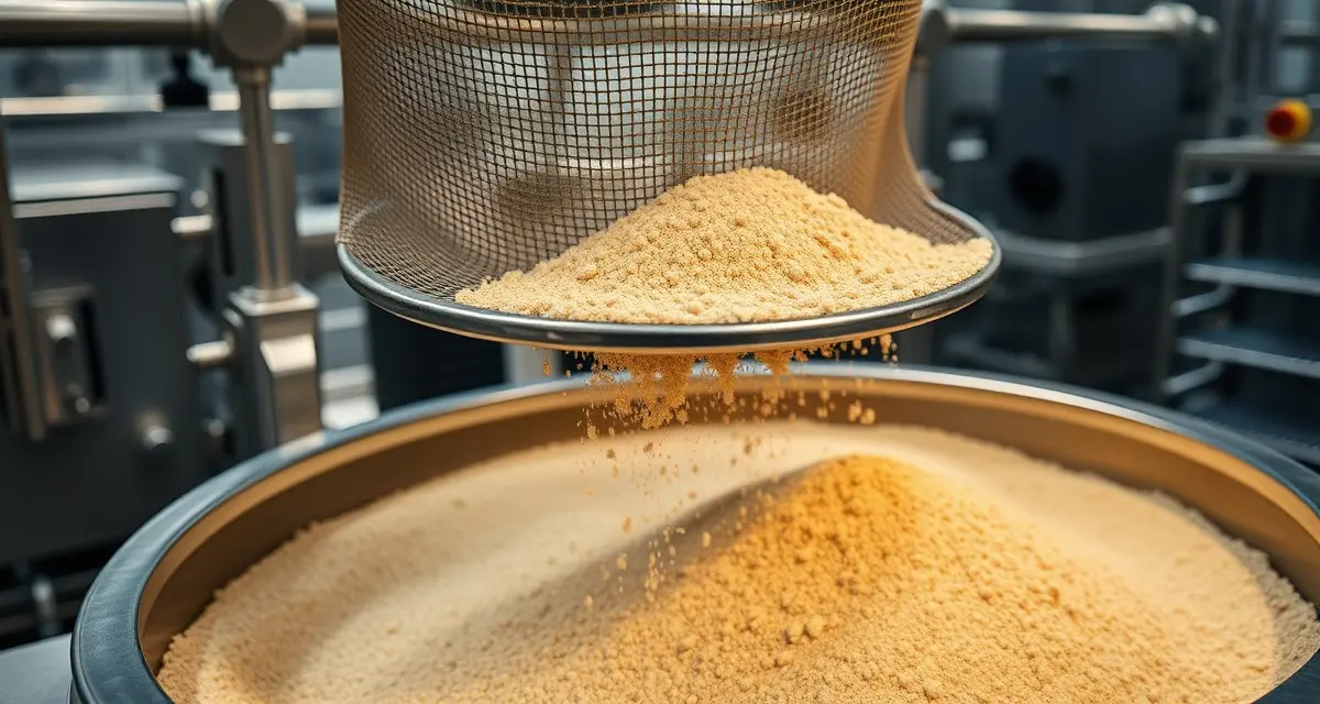 Cricket flour sieving and particle size grading system Two-stage cricket flour sieving process showing fine flour below 100 microns and coarser protein powder 150-300 microns separated through industrial mesh screens