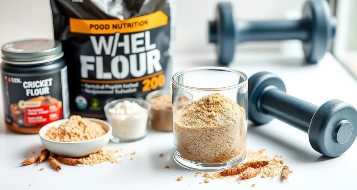 Cricket flour as sports nutrition protein supplement alternative Cricket flour protein powder displayed with sports nutrition supplements and fitness equipment, showcasing alternative plant-based protein source.