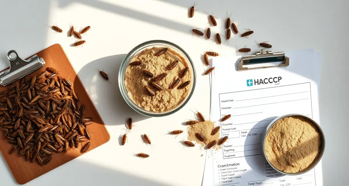 Cricket protein production documentation and quality assurance setup Cricket flour in container with HACCP documentation showing successful startup profitability metrics and compliance records