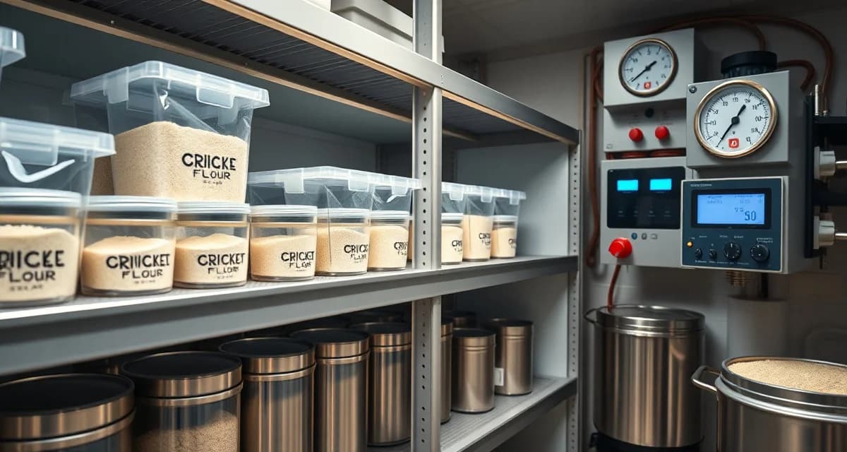 Optimal storage conditions for cricket flour production Professional cricket flour storage facility maintaining optimal temperature and humidity conditions for long-term shelf life preservation