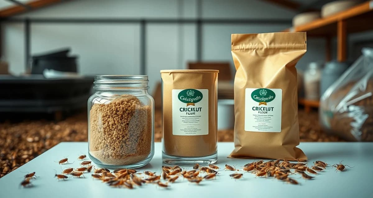 Premium cricket flour suppliers for commercial food production Cricket flour in bulk containers with packaging samples for food manufacturers and retailers, illustrating cricket protein production supply chain.