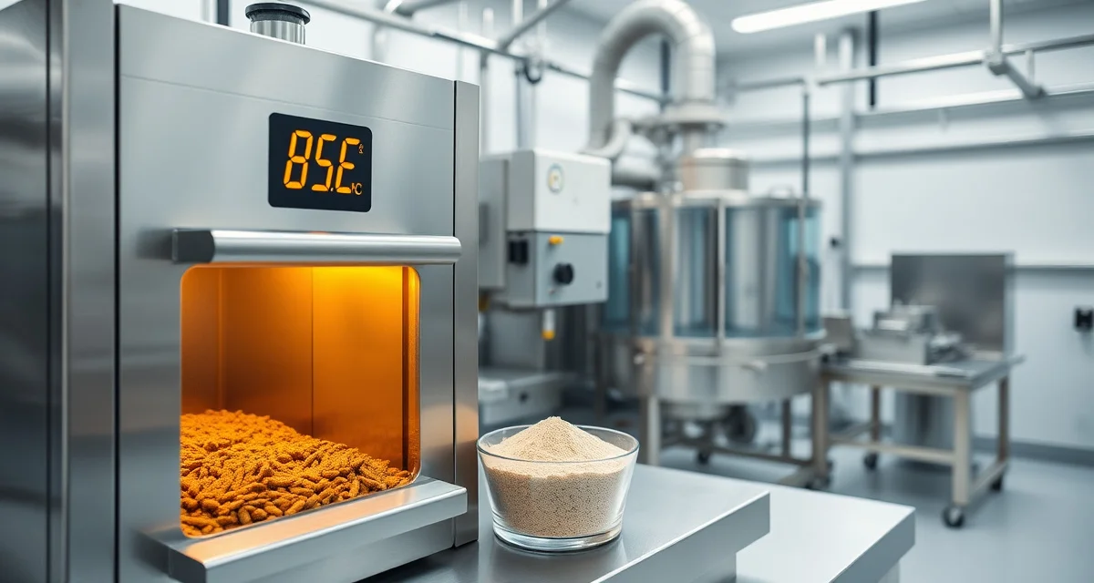 Cricket flour thermal processing for pathogen control Thermal processing equipment at 85°C for cricket flour safety with Salmonella reduction in food production facility