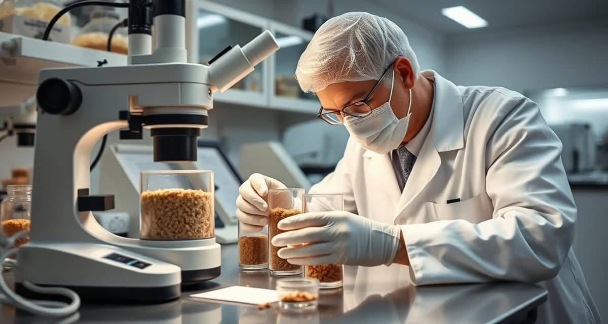 Cricket flour quality assurance testing in certified food laboratory Laboratory technician conducting third-party testing on cricket flour samples using professional food safety equipment and protocols