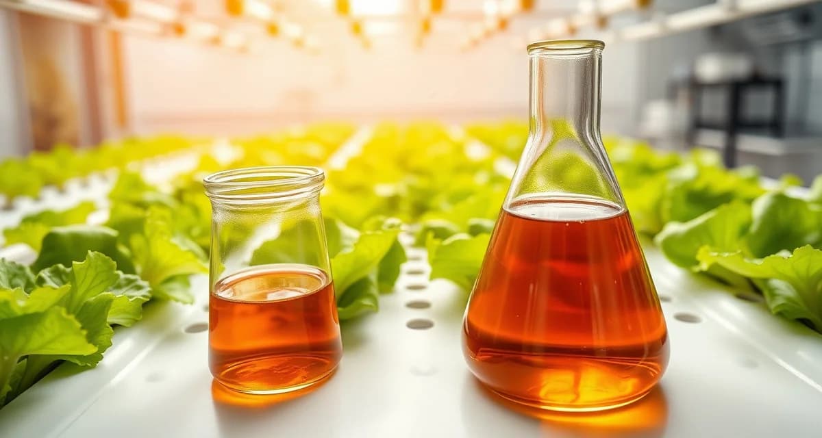 Cricket frass tea application in modern hydroponic growing systems Hydroponic lettuce growing system enhanced with cricket frass liquid fertilizer, showing nutrient delivery channels and healthy green plant growth with amber-colored frass tea solution.