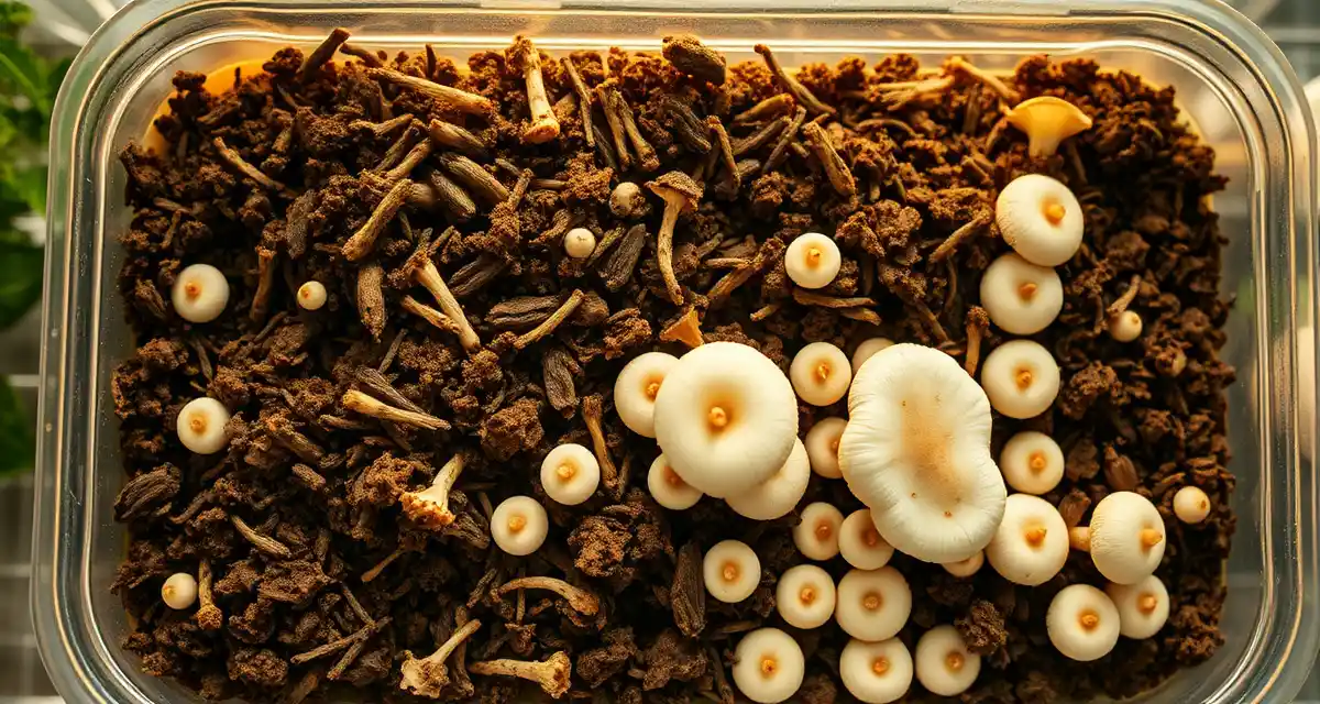 Integrated cricket farming and mushroom production system Cricket frass blended with oyster mushroom substrate showing white mycelium colonization in agricultural farming setup