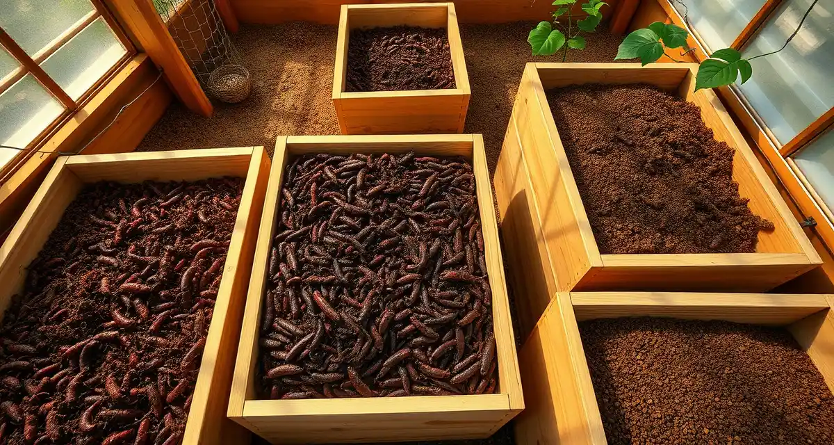 Vermicast production from cricket farm waste Red worms converting cricket frass into premium vermicast in sustainable insect protein farming operation with wooden composting bins