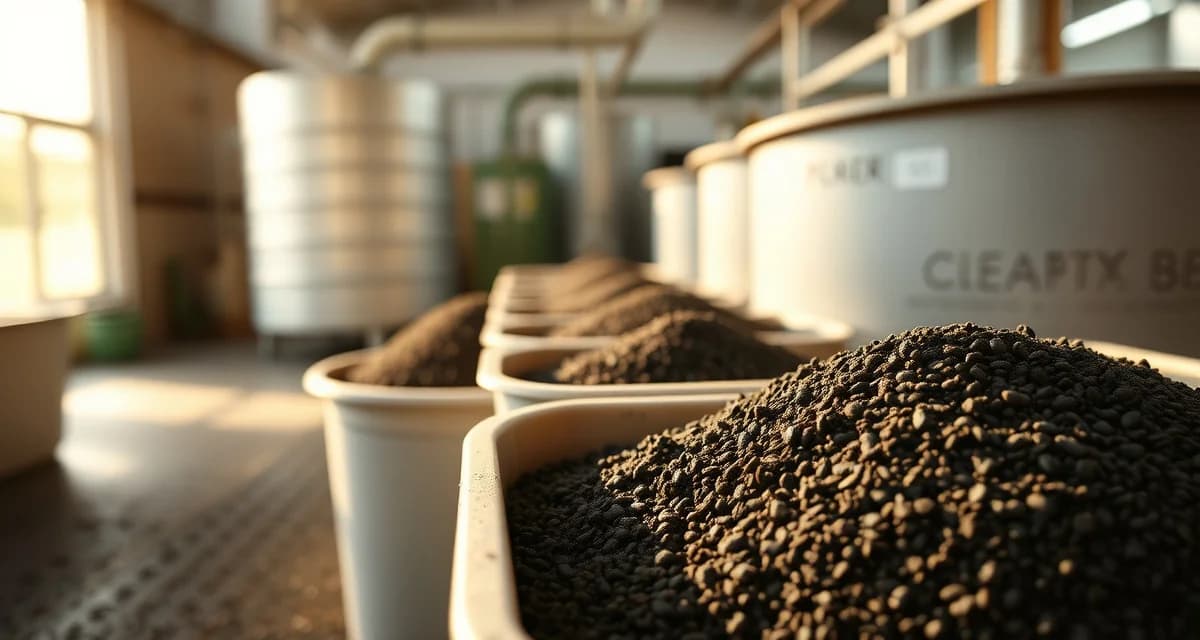 Cricket farm frass handling and processing system Cricket frass organic fertilizer being processed and stored at a cricket farming facility for sustainable waste management and upcycling.