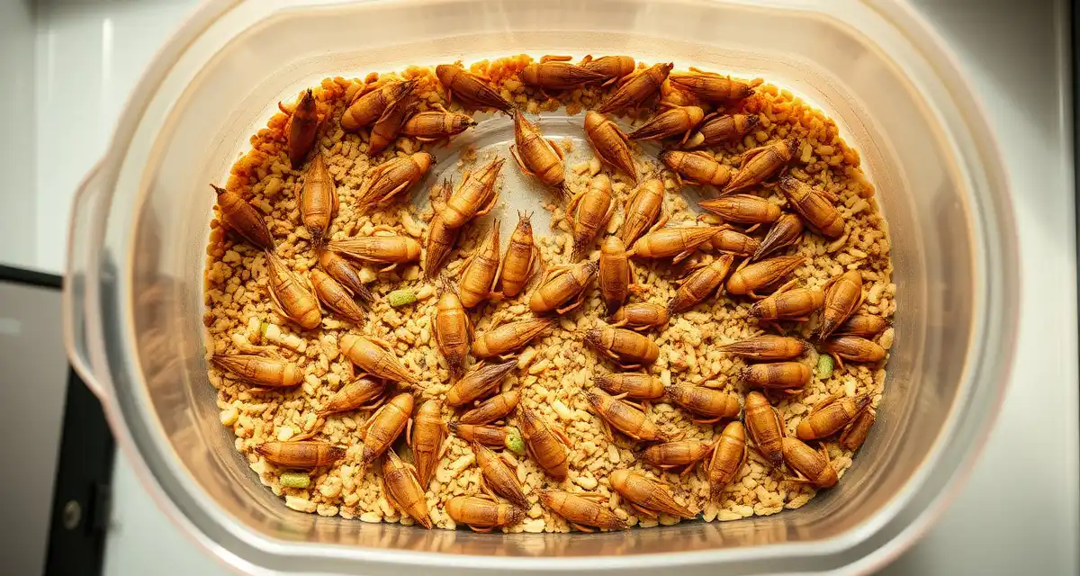 Optimal gut-loading timeline for feeder cricket harvest Feeder crickets consuming gut-load nutrition in a farming container during the optimal 24-48 hour pre-harvest window