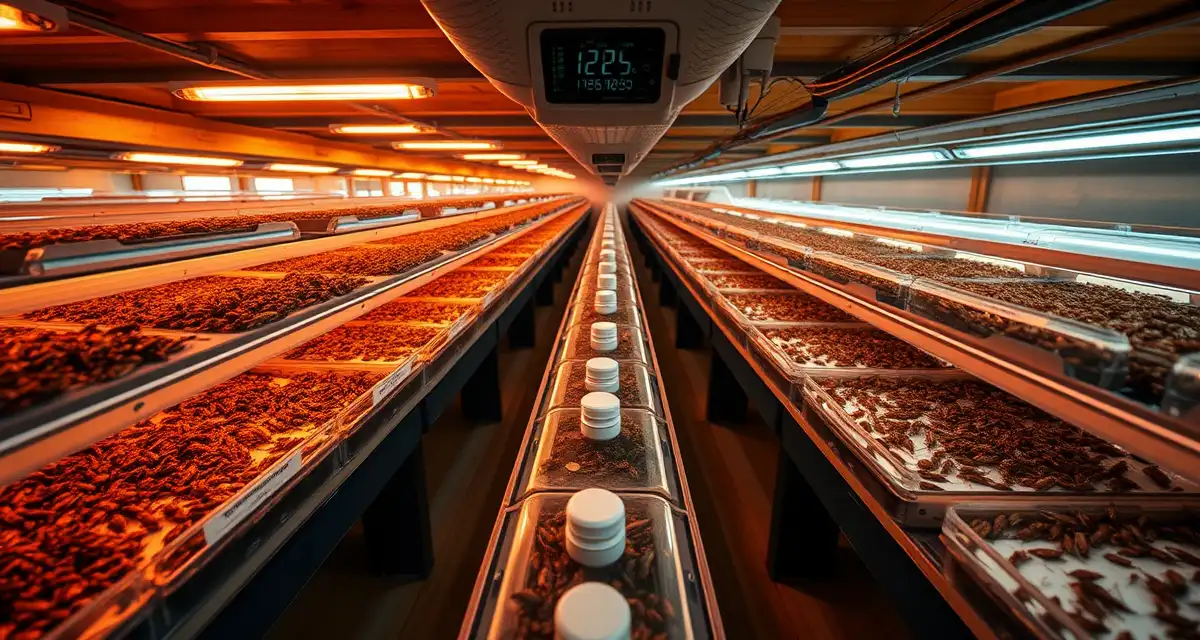 Cricket farming production cycle setup Climate-controlled cricket farming containers showing Acheta domesticus growth stages from egg to harvest-ready crickets with temperature monitoring equipment