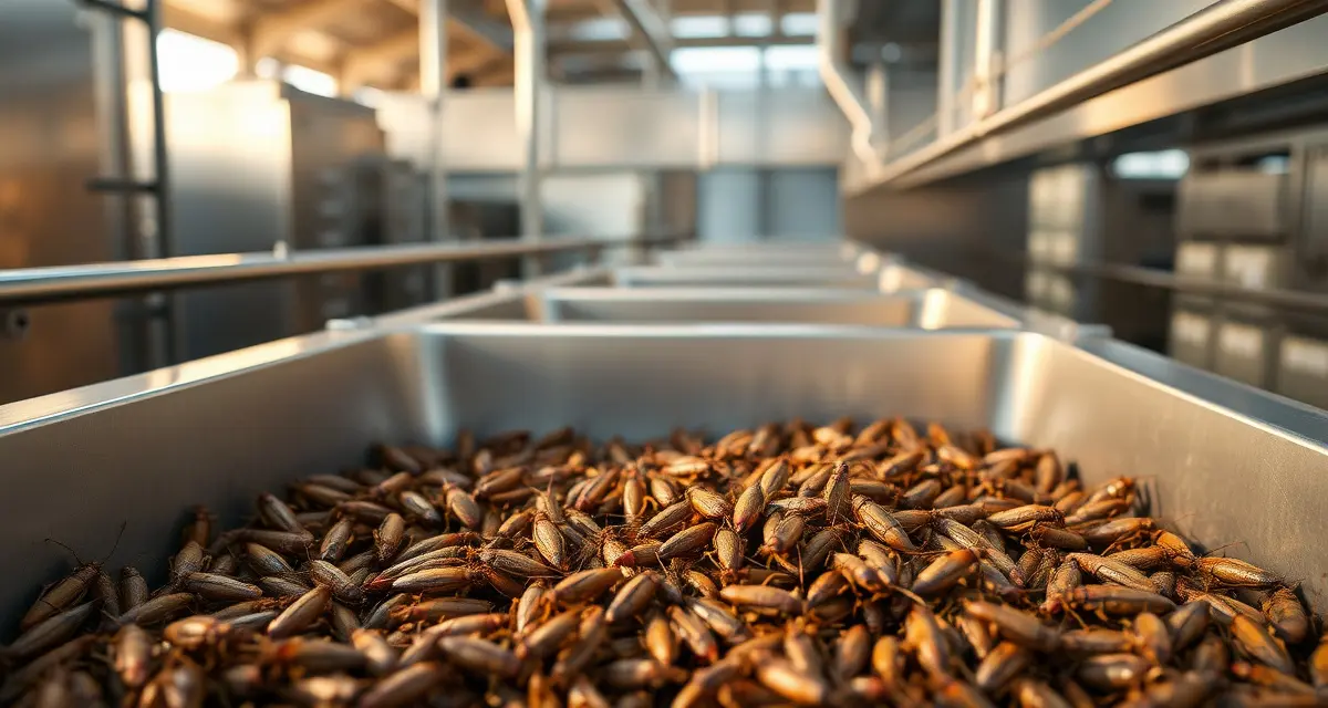 Cricket harvest timing optimization for farming operations Mature crickets at peak harvest readiness in a farming collection bin showing optimal timing for maximum yield