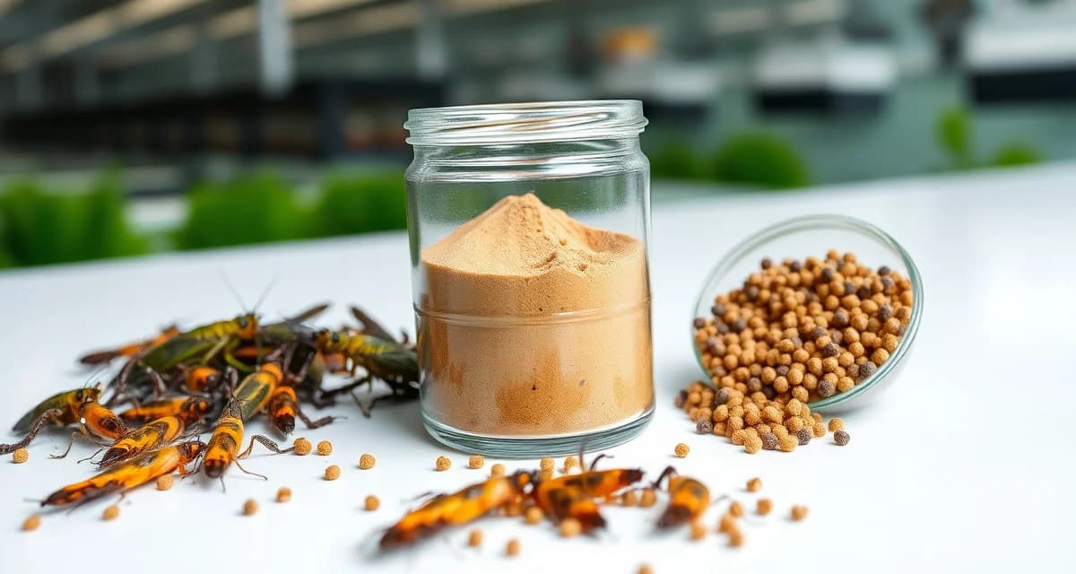 Alternative protein source for aquaculture operations Cricket meal protein powder in container displayed alongside farmed crickets and aquaculture fish feed ingredients for sustainable aquaculture nutrition