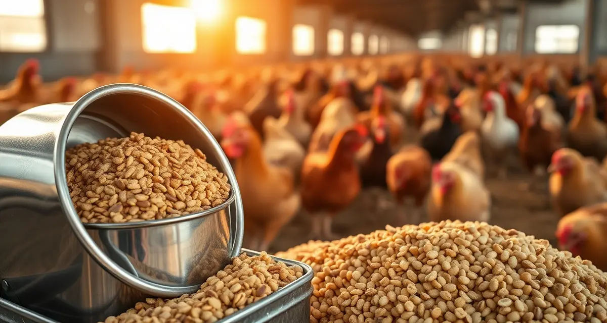 High-protein cricket meal ingredient for poultry nutrition Cricket meal for poultry feed displayed alongside traditional feed pellets in professional farming setting