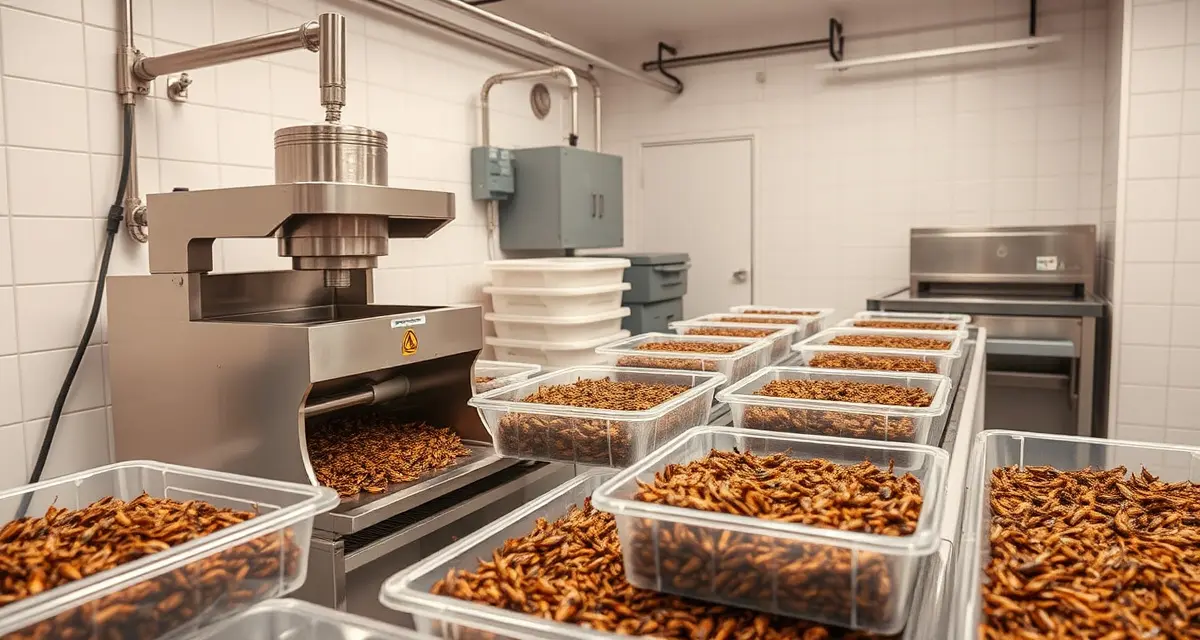 Professional cricket processing equipment and workflow Cricket farm post-harvest processing setup showing thermal blanching and washing stations for food-grade insect protein production