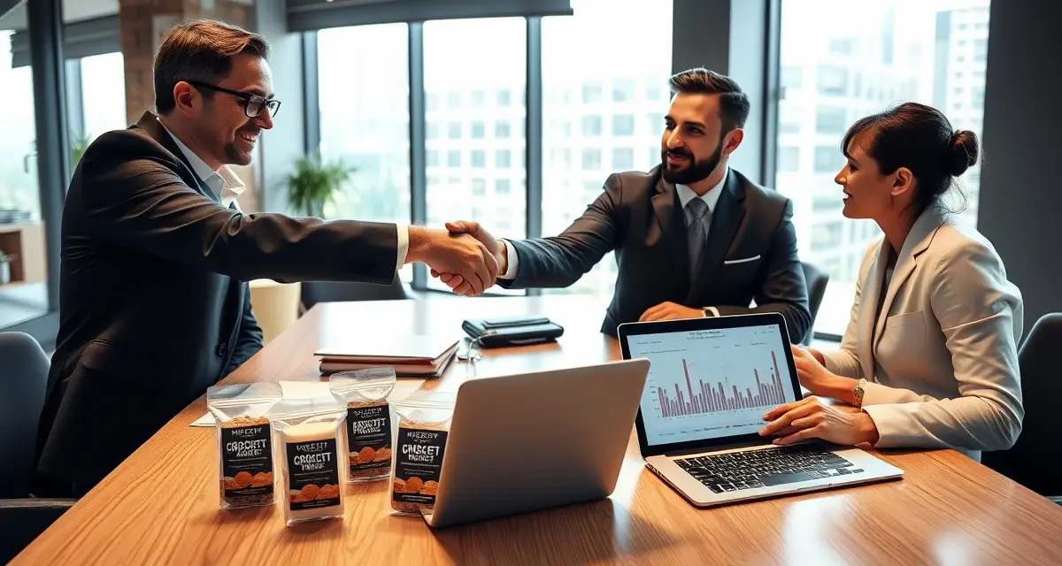 Cricket Protein B2B Sales Meeting B2B sales professionals discussing cricket protein sales strategy and food manufacturer buyer qualification process