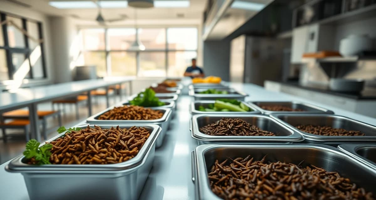 Sustainable cricket protein production for institutional foodservice Cricket protein ingredients displayed in a professional university dining kitchen, showcasing sustainable insect protein for foodservice operations.
