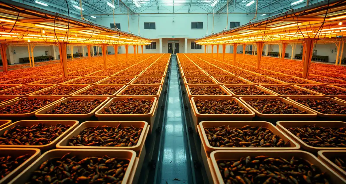 Modern cricket farm operation for federal procurement Cricket farming facility rows with climate control systems representing government contract opportunities for insect protein production