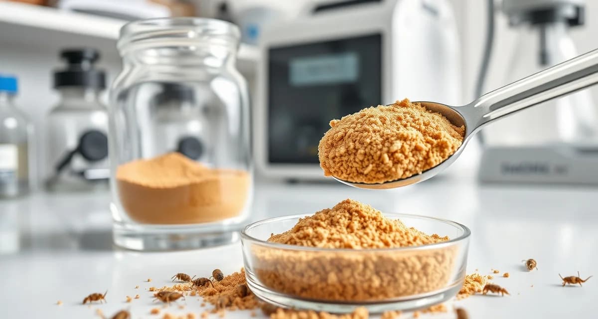 Cricket flour regulation for baby food products Cricket protein powder in laboratory containers with regulatory documentation, showing FDA compliance considerations for infant food development.