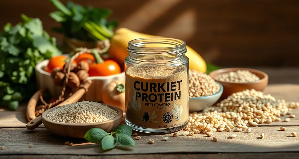Cricket protein product for natural food channel retailers Cricket protein powder in premium packaging displayed with whole foods and organic ingredients for natural food retail distribution