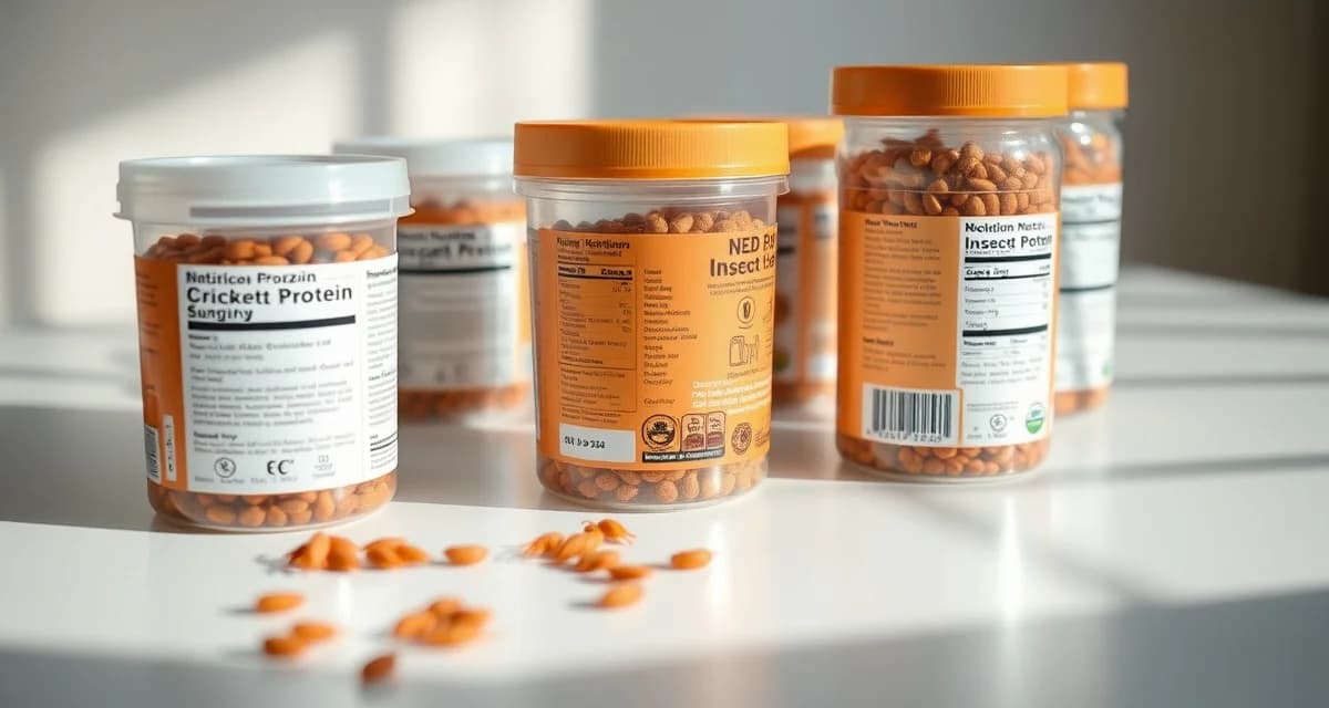Compliant cricket protein product packaging example Cricket protein packaging with FDA allergen labeling and crustacean shellfish cross-reactivity warnings displayed on containers