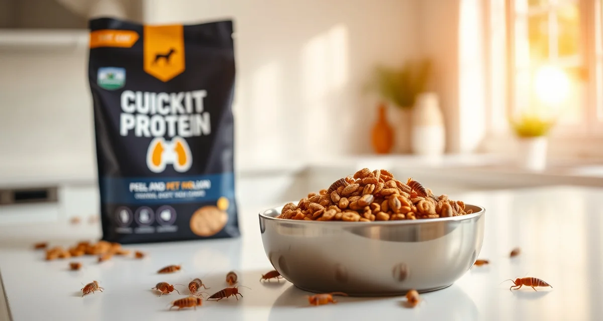 Premium cricket protein ingredient for pet food manufacturing Cricket protein meal in pet food bowl demonstrating sustainable insect protein for commercial dog and cat food production.