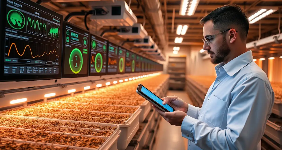 Cricket farm automation platform for efficient operations CricketOps automated cricket farming software dashboard showing bin tracking, feed conversion ratio calculations, and farm management metrics for insect protein production