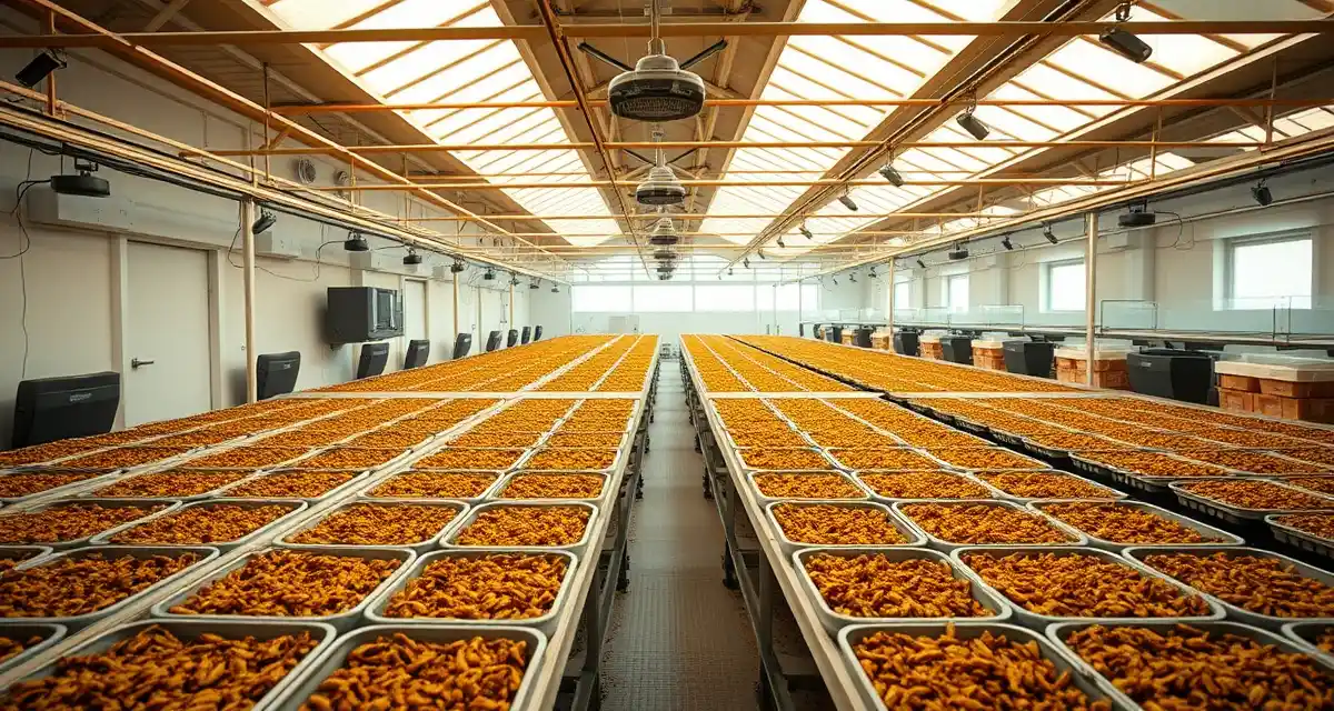 Q4 demand preparation in cricket farm operations Cricket farming facility prepared for Q4 production planning with organized breeding containers and inventory management systems