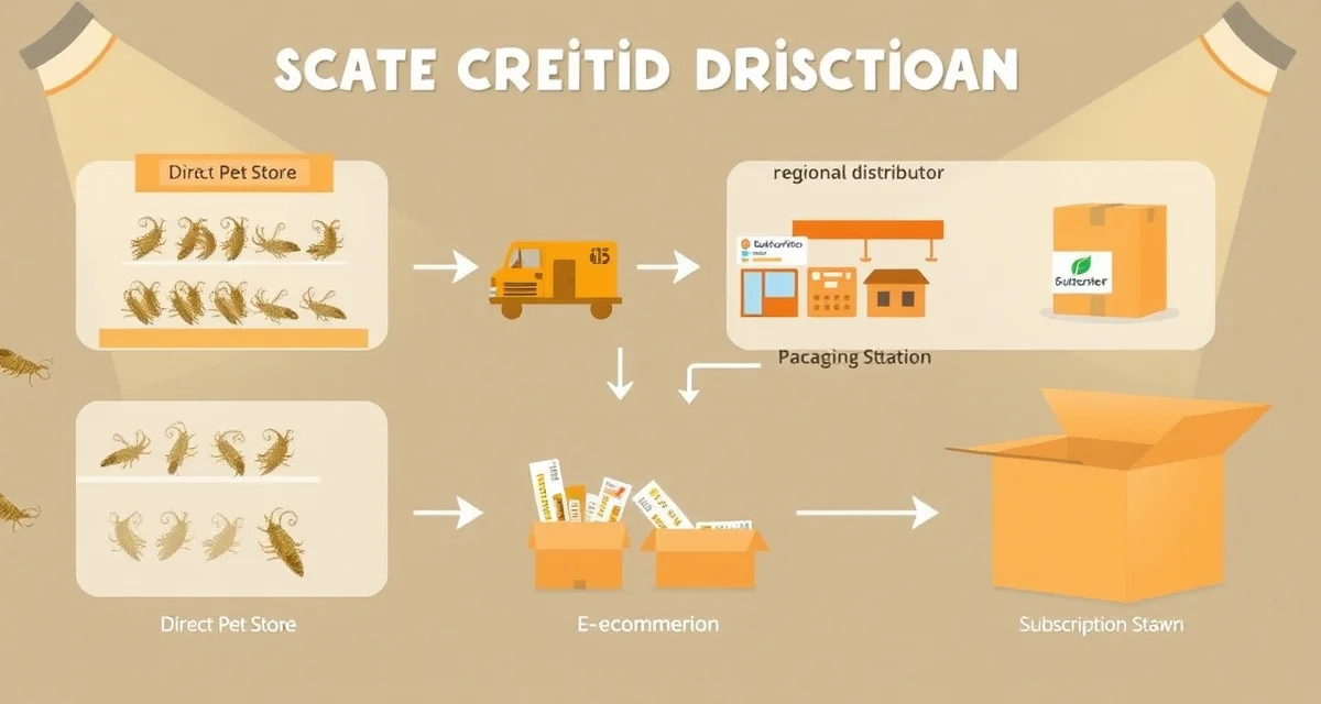 Cricket farming market distribution strategy visualization Four feeder cricket distribution channels illustrated: direct pet store sales, regional distributors, e-commerce platforms, and subscription services for cricket farming operations.