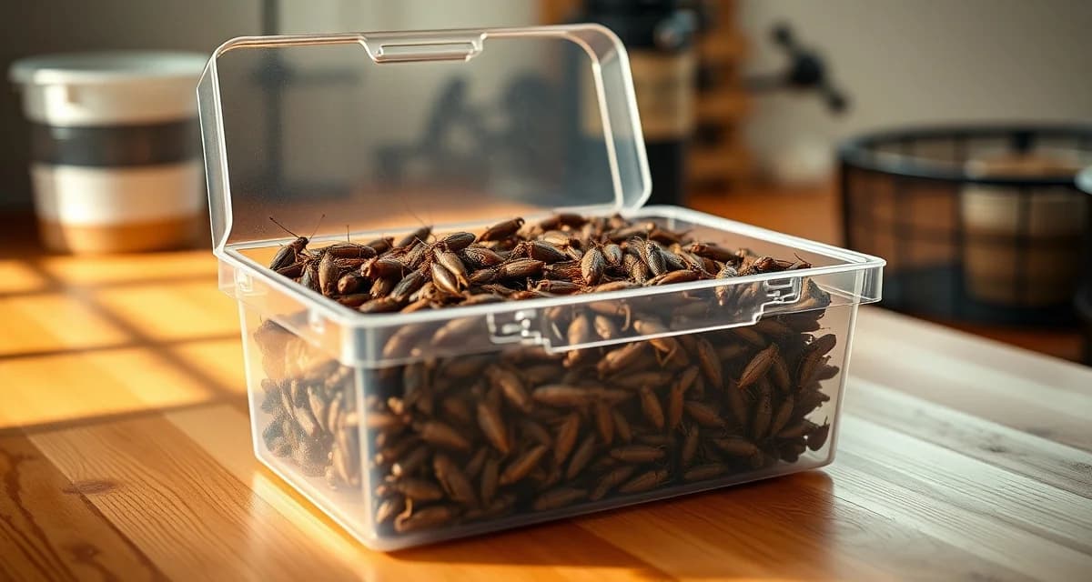Feeder Cricket Subscription Box Ready for Shipment Clear subscription box packed with live feeder crickets for reptile owners, demonstrating organized cricket farming fulfillment and delivery packaging.