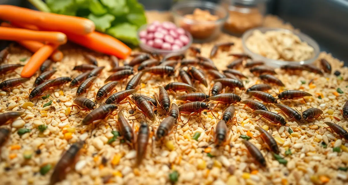 Cricket farm vitamin supplementation strategy Feeder crickets consuming nutrient-dense gut-loading diet with vitamin supplements for enhanced nutritional content in cricket farming operations